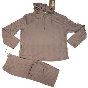 Listicle Hooded Lounge Pajama Set Mocha Draw String Straight Leg Womens Lg New